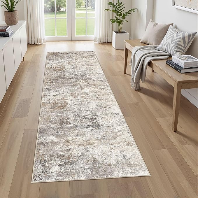 UERMEI 3X8 Washable Runner Rug for Hallway: Soft Neutral Modern Abstract Area Rug - Non-Slip Low Pile Long Throw Indoor Carpet for Kitchen Entryway Kitchen Bedroom Laundry Bathroom - Brown Grey