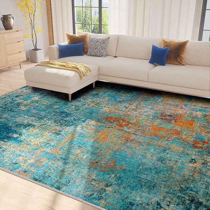 Washable Area Rugs 7'x9' Non-Slip Modern Abstract Soft for Living Room Entryway Bedroom Nursery, Print Pattern, Teal Blue Green Orange Rust Red Coloreful