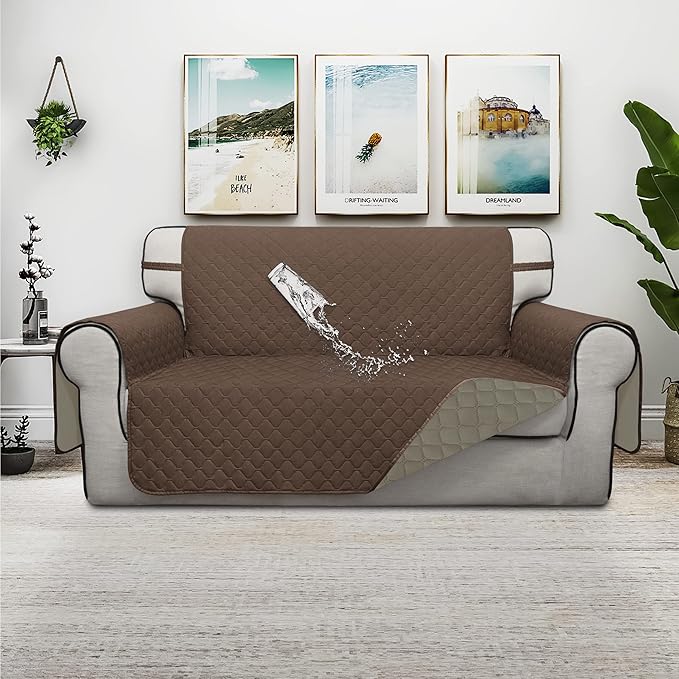 ISSUNTEX Double Protection 100% Waterproof Loveseat Sofa Covers for Living Room, Couch Covers for 2 Cushion Couch Sofa, Reversible Furniture Protector Sofa Cover for Dogs (Loveseat, Brown/Beige)