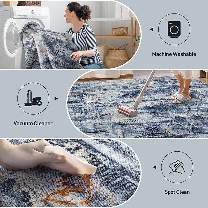 6x9 Area Rugs Washable Rug: Large Modern Abstract Living Room Rug Soft Anti-Skid Thin Carpet Indoor Floor Non-Shedding Carpets for Bedroom Dining Room Farmhouse Nursery Home Office Blue Gold