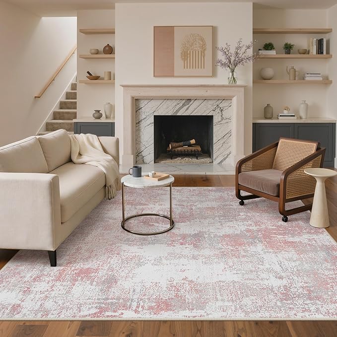 Area Rugs 5x7 for Living Room Bedroom, Modern Abstract Machine Washable Rug, Large Soft Low Pile Floor Carpet with Non Slip Backing for Dining Room, Pink/Grey