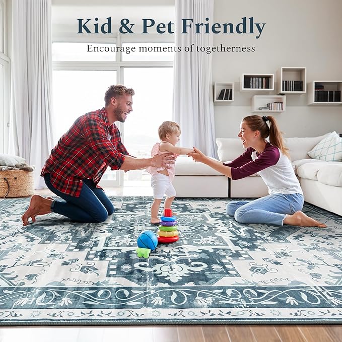 Rugflix 6x9 Area Rug for Living Room, Machine Washable Area Rugs with Non-Slip Backing, Large Soft Boho Vintage Rug for Bedroom, Dining Room, Low Pile Carpet, Kids Pet Friendly, Blue