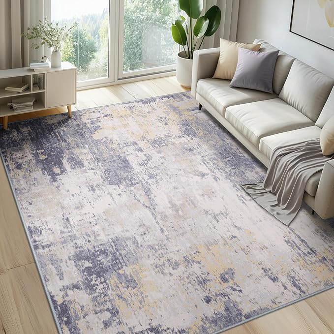 Washable Area Rugs 6'x8' Non-Slip Modern Abstract Soft for Living Room Entryway Bedroom Nursery, Print Pattern, Purple Grey Cream Yellow