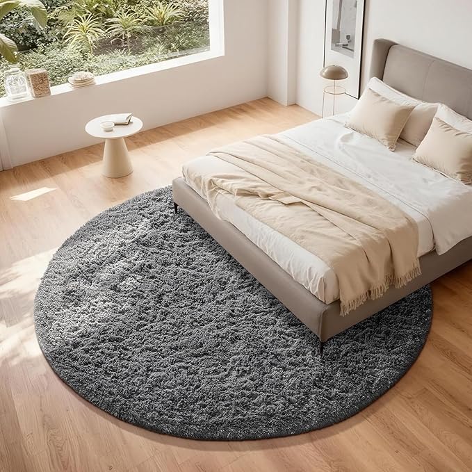 Ophanie Round Rug 8Ft Grey Circle Area Rugs, Large Fluffy Fuzzy Living Room Carpet 8 feet, Plush Shag Solid indoor Floor Gray Bedroom Christmas Circular Aesthetic Decor for Kids Teen Boys Baby,Nursery