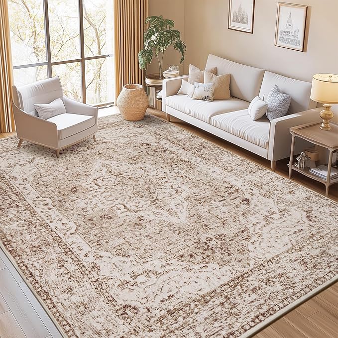 Lofus 8x10 Area Rugs for Living Room, Washable Area Rug, Rugs for Bedroom, Kitchen, Vintage Boho Carpet, Soft Non-Slip, Low Pile Large Area Rug for Office Dining Room, Vintage Beige Brown