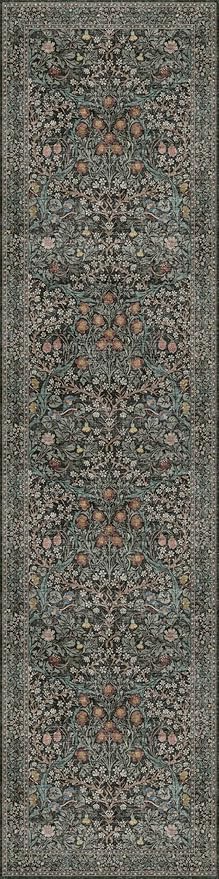 Hazo Haus Washable Dark Green 2x10 Runner Rug for Hallway, Kitchen, 10 ft Non Slip Stain Resistant Extra Long Soft Rugs, Vintage Floral Unique Botanical Floor Mat