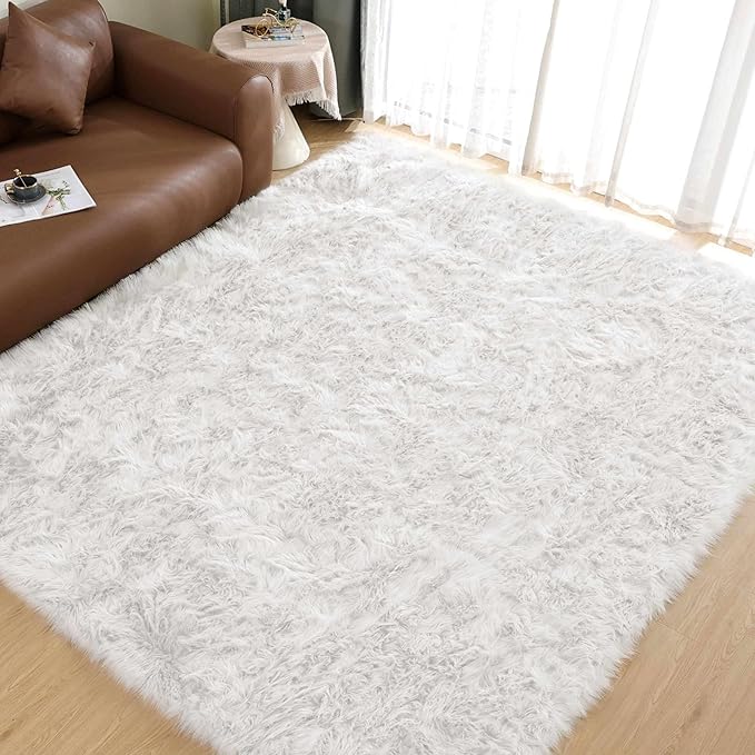 Goolela White Sheepskin Area Rug 8x10 Fluffy Fuzzy Furry Shag Rug for Living Room Bedroom Soft Faux Fur Rectangle