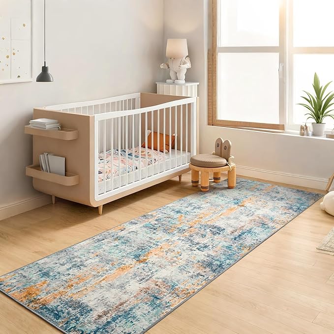 2x6 Rug Runners for Hallways Kitchen Runner Rug Non Slip Washable Blue Long Runner Rugs with Rubber Backing Soft Abstract Carpet Runner for Hallways, Kitchen, Bedroom, Bathroom, Entryway