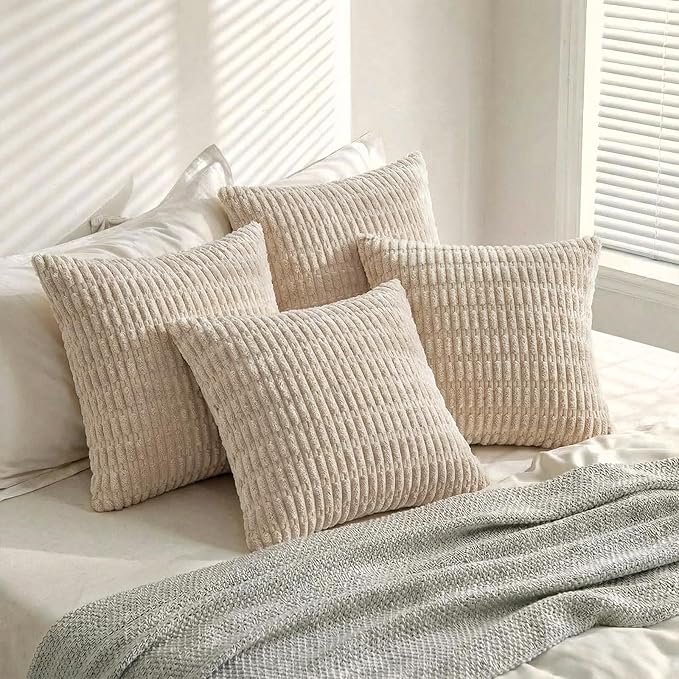 Fancy Homi 4 Packs Tan Decorative Throw Pillow Covers 16x16 Inch for Living Room Couch Bed Sofa, Beige Rustic Farmhouse Boho Home Decor, Soft Plush Striped Corduroy Square Cushion Case 40x40 cm