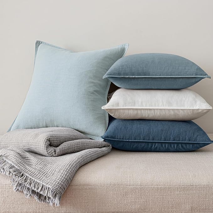 MIULEE Blue Pillow Covers Pack of 4 Decorative Natural Solid Throw Pillow Covers Soft Accent Boho Farmhouse Couch Pillowcases Modern Spring Home Decors for Living Room Bed Sofa 18x18 Inch