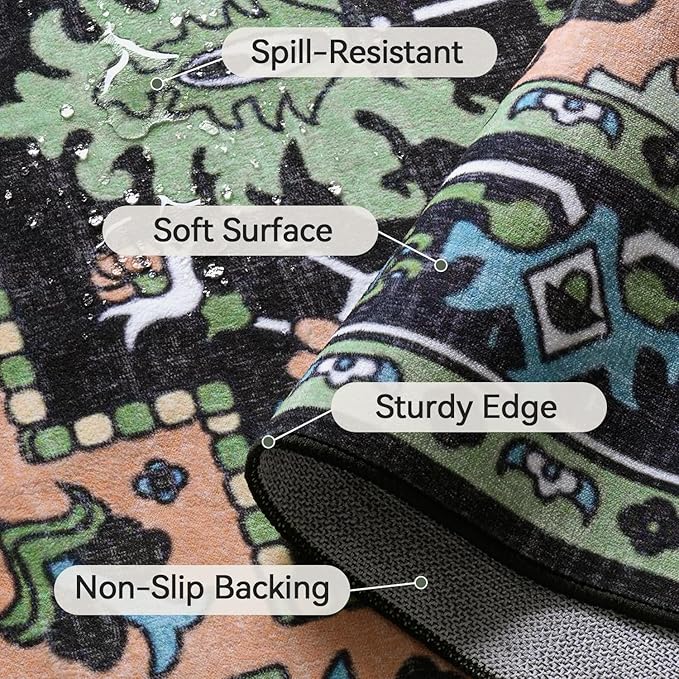 Lofus 9x12 Area Rugs for Living Room, Machine Washable Area Rug, Soft Large Rugs for Bedroom, Kitchen, Office and Indoor, Vintage Boho Carpet, Non-Slip Low Pile Carpets, Dark Green