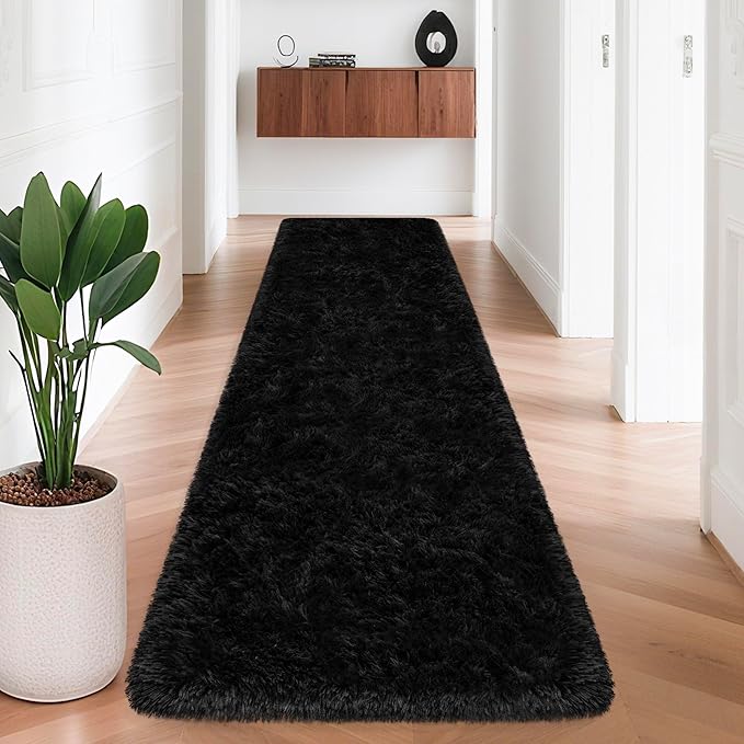 2x8 Bedside Area Rugs for Bedroom Soft Fluffy Shag Black Rug for Hallway Non-Slip Fuzzy Plush Living Room Rug Indoor Floor Carpet for Kids Rooms Dorm Nursery Modern Home Aesthetic Decor