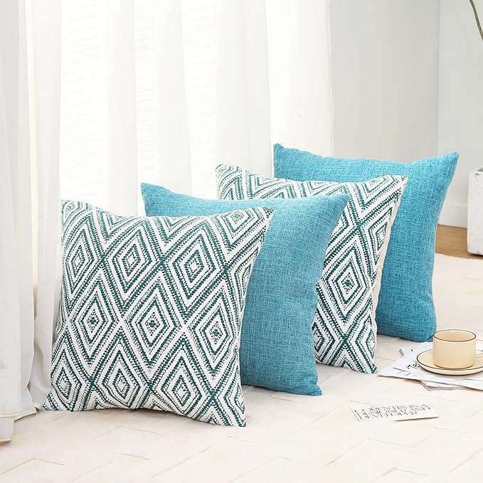 HPUK Decorative Throw Pillow Covers Set of 4 Geometric Design Linen Cushion Cover for Couch Sofa Living Room, 18"x18" inches, Aqua Blue