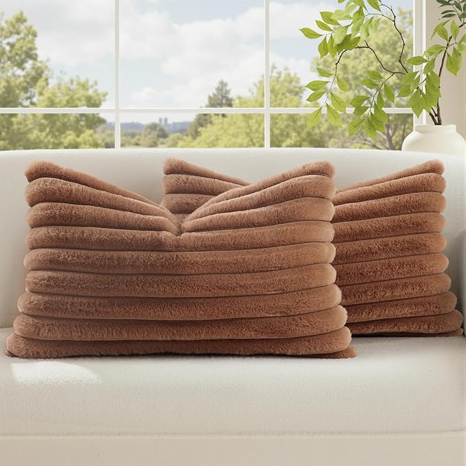 decorUhome Cozy Faux Fur Throw Pillow Covers 12x20 Set of 2 Decorative Soft Plush Striped Lumbar Modern Farmhouse Boho Couch Pillow Cases with Velvet Back for Sofa Bed Living Room, Brown