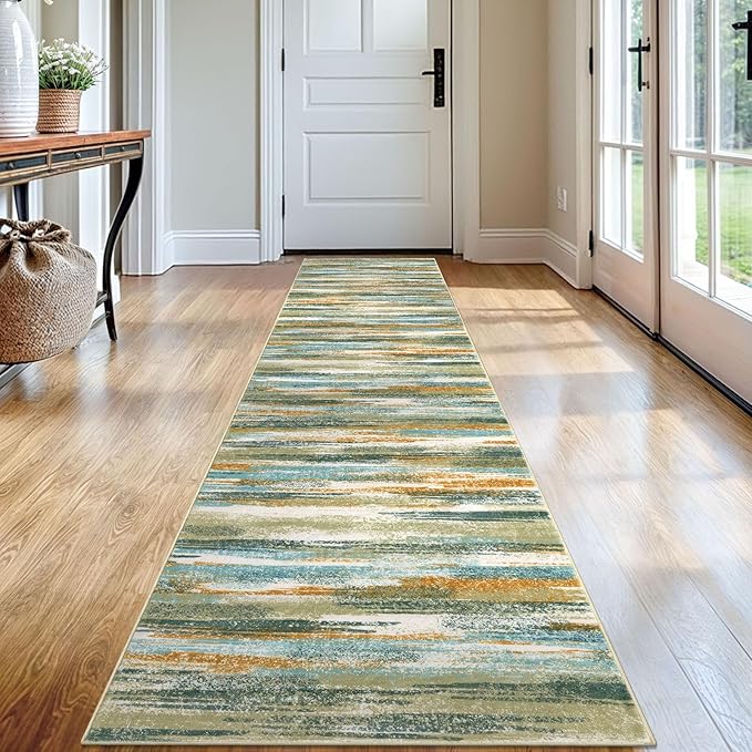 Lansny Modern Abstract Runner Rug 2x12, Green Mustard Multi Washable Long Kitchen Runner Non-Slip Soft Hallway Rug Runner Thin Print Faux Wool Carpet for Entryway Bedroom Laundry Room Indoor