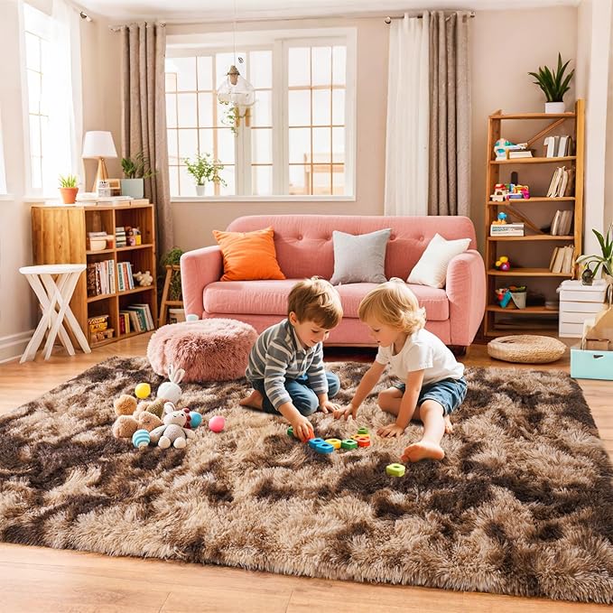 Pionblank Super Fluffy Brown Rug for Bedroom 5x7, Modern Indoor Shag Carpet, Soft Plush Non Slip Rugs for Living Room Kids Room Cloakroom Home Decor, Tie-Dyed Coffee