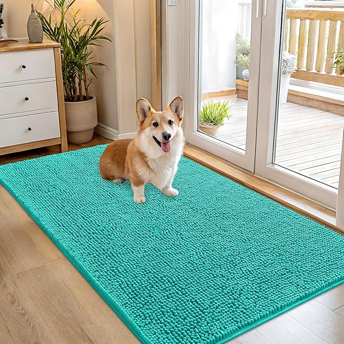 OLANLY Dog Door Mat for Muddy Paws 54x32, Absorbs Moisture and Dirt, Absorbent Non-Slip Washable Doormat, Quick Dry Chenille Mud Mat for Dogs, Entry Indoor Entryway Carpet for Inside Floor, Teal