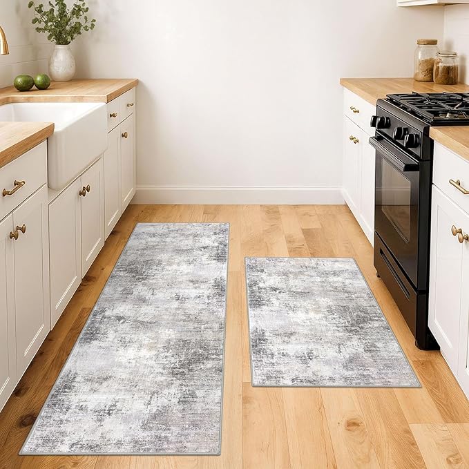IOHOUZE Abstract Area Rugs and Runners Sets 2x3 and 2x5 Ft, Washable Entryway Rug and Runner Set, Non Slip Kitchen Rug Set, Printed Faux Wool Modern Floor Carpet for Hall Kitchen Entrance, Grey Beige