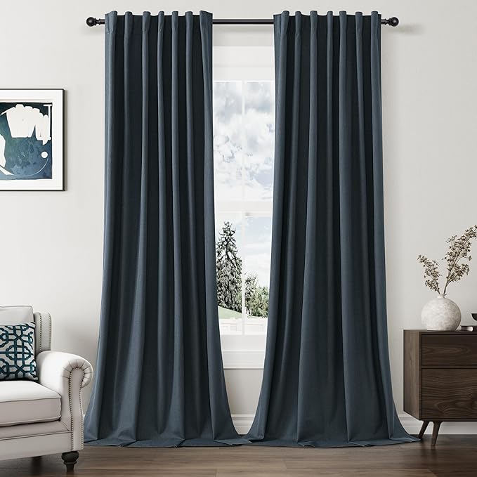 Guken 100% Blackout Linen Curtains 120 Inch Length 2 Panels Set for Living Room Bedroom Back Tab Thermal Insulated Black Out Linen Drapes Room Darkening Window Curtains,Vintage Blue