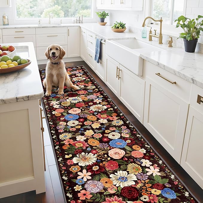 Rug for Hallways Kitchen Rug 2'6" x 14', Non Slip Washable Rugs with Rubber Backing Soft Floral Carpet Runner for Hallways, Kitchen, Laundry, Bedroom, Bathroom(2.6 x 14, Black/Brown)