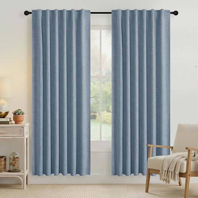 RYB HOME Smoky Blue 100% Blackout Linen Curtains 72 inch Long, Thermal Insulated & Privacy Assurd Drapes for Bedroom/Office/Nursery, Rod Pocket & Back Tab Window Treatment, W52 X L72, 2 Panels