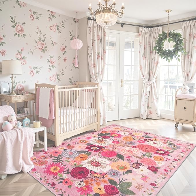 Pink Floral Girls Room Rug 4x6, Non-Slip Washable Rugs for Bedroom Living Room Nursery Kitchen Dining Room Indoor, Ultra-Thin Soft Stain Resistant Girls Room Decor(4 x 6, Pink Garden)