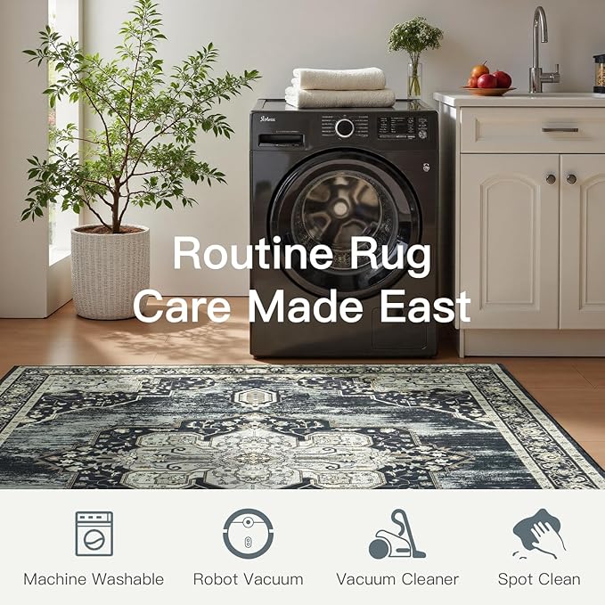 Lofus 5x7 Washable Area Rug, Vintage Floral Rugs for Living Room, Bedroom, Dinning Room, Low Pile Large Area Rugs with Non-Slip Backing, Flower Print Pattern, Black Brown