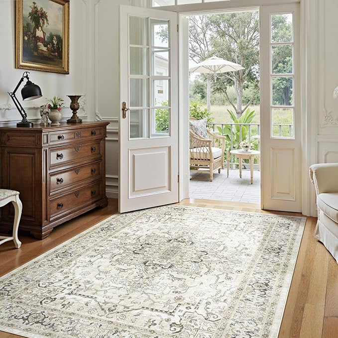Lofus 6x9 Area Rugs for Living Room, Washable Area Rug, Rugs for Bedroom, Kitchen, Vintage Boho Carpet, Soft Non-Slip, Low Pile Large Area Rug for Office Dining Room, Beige and Brown