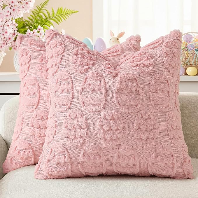 decorUhome Easter Pink Egg Pillow Covers 18x18 Inch Set of 2, Soft Plush Faux Wool Jacquard Cushion Covers, Farmhouse Neutral Fuzzy Spring Easter Holiday Decor for Couch Sofa Bed