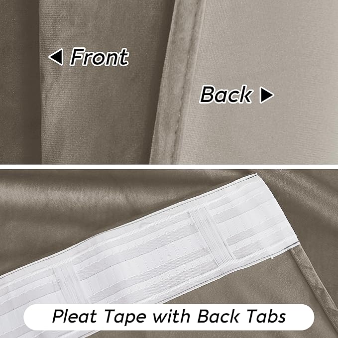 RYB HOME Taupe Velvet Curtains with Hook Tape, Back Tab Thermal Insulated Privacy Protect Decorative Drapes for Bedroom Home Office, W 52 x L 90 inches, 2 Panels Set
