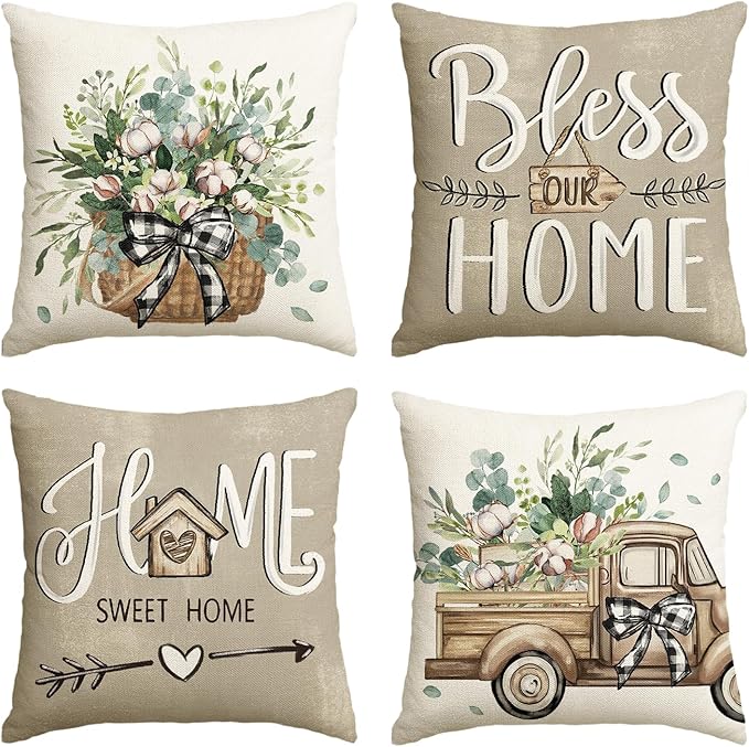 AVOIN Colorlife Bless Our Home Farmhouse Eucalyptus Leaves Throw Pillow Covers, 16 x 16 Inch Truck Home Sweet Cushion Case Decorations Set of 4