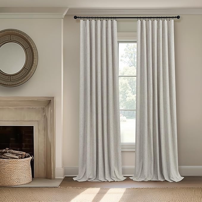 Linen Blackout Curtains 84 Inch Length 2 Panels Set for Living Room Bedroom Back Tab Thermal Insulated 100% Black Out Linen Drape Room Darkening Window Curtain 84 Inch Long Stone Taupe Birch Tan Beige