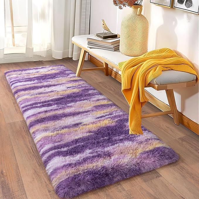 Soft Runner Rugs for Bedroom Hallways, 2x6 Abstract Purple Fluffy Shag Throw Area Rug Non Slip for Bedside Dorm, Long Shaggy Furry Carpet for Nursery Living Room