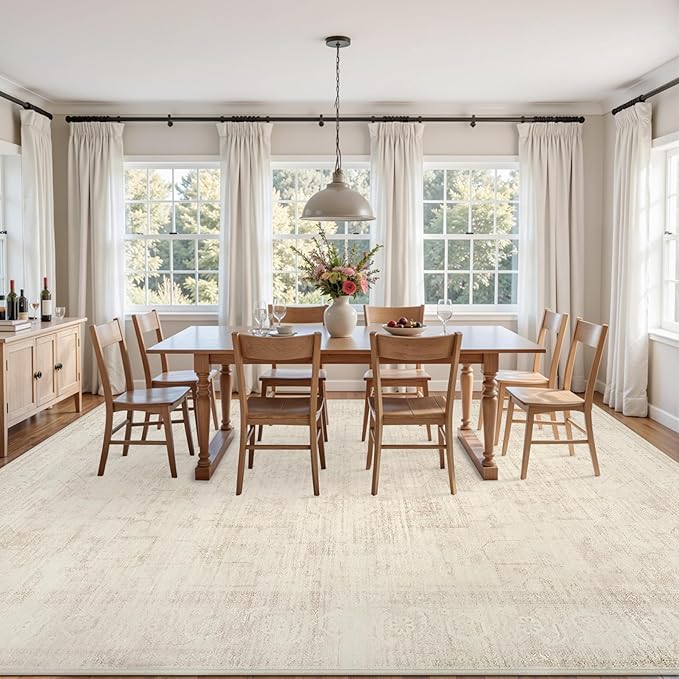 6x9 Area Rugs for Living Room: Vintage Boho Neutral Washable Rug Indoor Soft Large Area Rug Carpet for Bedroom Nursery Farmhouse Dining Room Office Floor Non-Slip Low Pile Under Table Rug Dark Beige