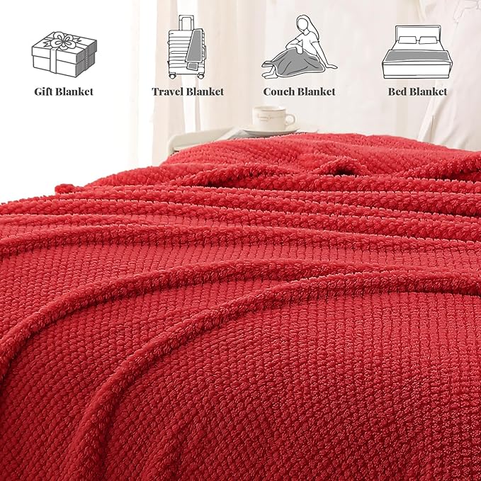 Whale Flotilla King Size Fuzzy Fleece Blanket for Bed, 90x104 Inch Fluffy Warm Soft Jacquard Blankets for All Season, Lightweight and Cozy, Red