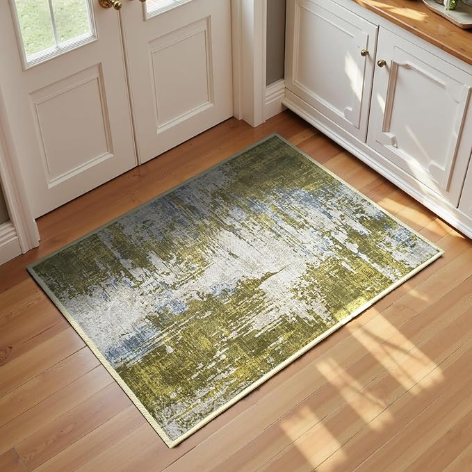 Entrance Rugs Indoor 2x3 Green Entry Rug Washable Abstract Small Area Rug Non-Slip Low Pile Throw Rugs for Entryway, Kitchen Floor, Front Door Indoor Door Mat, Bedroom Bedside