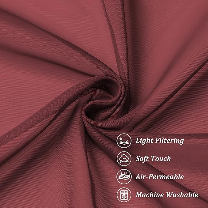 Chyhomenyc Burgundy Sheer Curtains 63 Inches Long 2 Panels Set, Light Filtering Voile Window Drapes for Bedroom Living Room, 42Wx63L Inch, Burgundy, 2PCS
