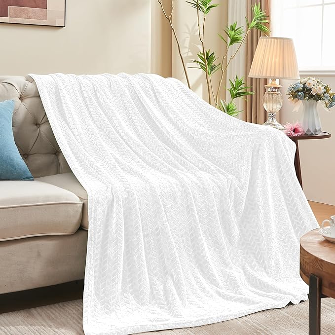 inhand White Fleece Twin Blanket, Super Soft Flannel Cozy Blankets for Adults, Lightweight Leaves Pattern Fuzzy Blanket for Couch Sofa Bed Office, Warm Plush Blankets for All Season, 60x90 Inches