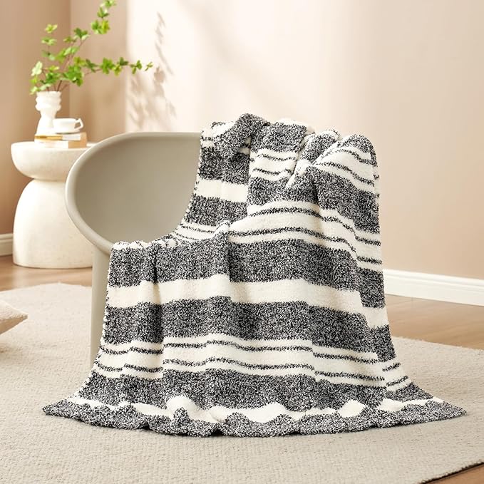 Snuggle Sac Heather Throw Blanket for Couch, Reversible Super Soft Blankets Warm Cozy Knit Fuzzy Plush Lightweight for Sofa, Bed, Camping, Picnic (Stripe Black, Throw(50"x 60"))