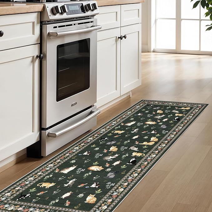 2'6"x8' Washable Kitchen Runner Rug - Soft Low Pile Floral Animal Cat Print Rugs with Non-Slip Backing Waterproof Stain-Resistant Indoor Carpet for Hallway Entryway Bathroom Bedroom (Sage Green)