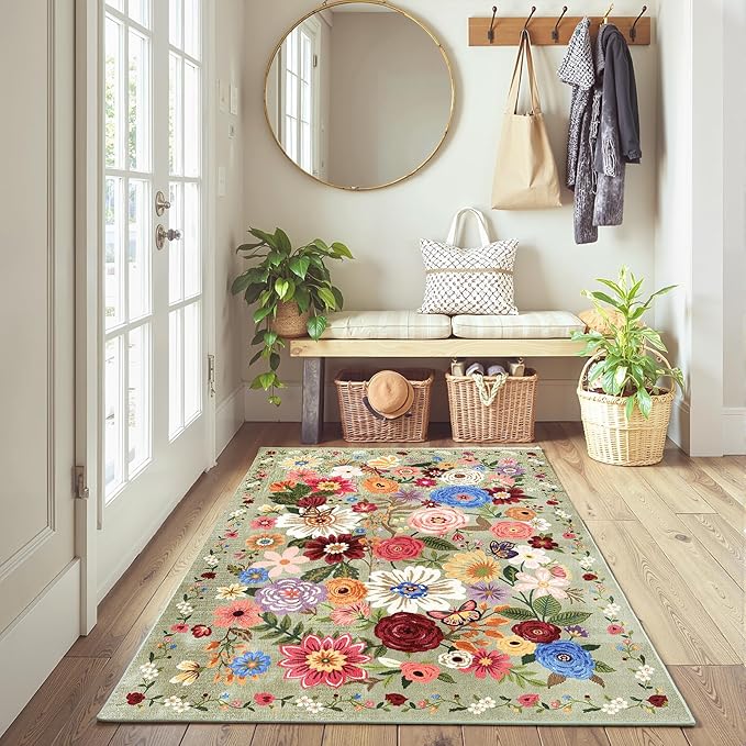 Floral Machine Washable Rug Green, 3x5 Rug Non Slip Soft Bedroom Rugs for Entryway Dorm, Ultra-Thin Rugs for Bedroom Stain Resistan(3 x 5, Green Garden)