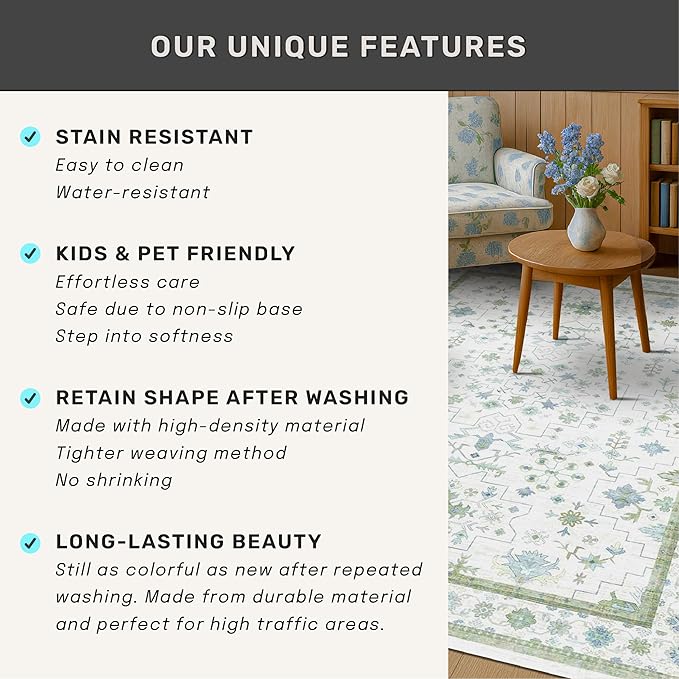 Washable Boho Bathroom Rug 2x3 - Small Throw Area Rugs for Powder Room, Laundry, Kitchen, Blue and Green Oushak Modern Eclectic Geometric Floral Pastel Decor, Low Pile Non-Slip Stain Resistant