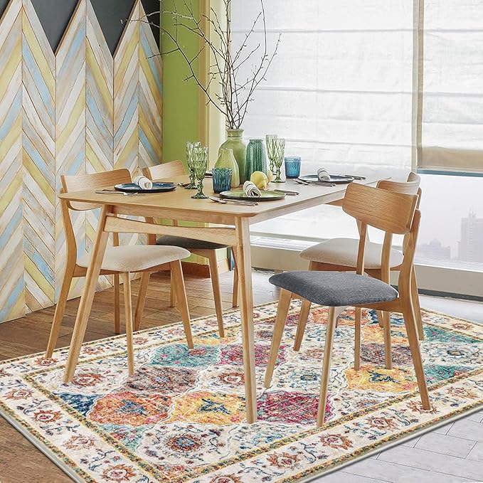 HEBE Washable Area Rug - 3'x5' Non Slip Soft Distressed Medallion Bedroom & Living Room Accent Throw Vintage Entry Floor Carpet for Dining Room & Bathroom Entryway