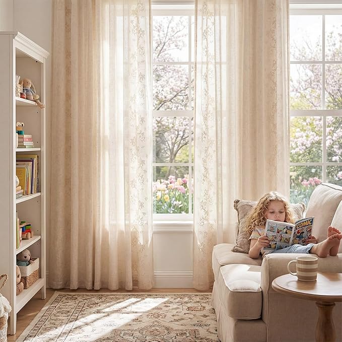 jinchan Evelyn Embroidered Linen Curtains Ivory Farmhouse Floral Window Drapes for Living Room Bedroom Cottagecore Semi Sheer Curtains 84 Inches Long Rod Pocket Back Tab 2 Panels