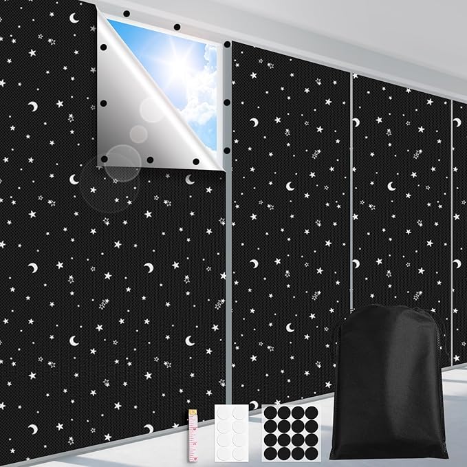 FADOTY 100% Blackout Window Cover Film, Portable Black Out Curtains for Bedroom, Cuttable Blackout Shades Fabric Sheet, No Drill Window Blinds, Sun Heat Light Blocker for Travel Media Dorm, 57'' W