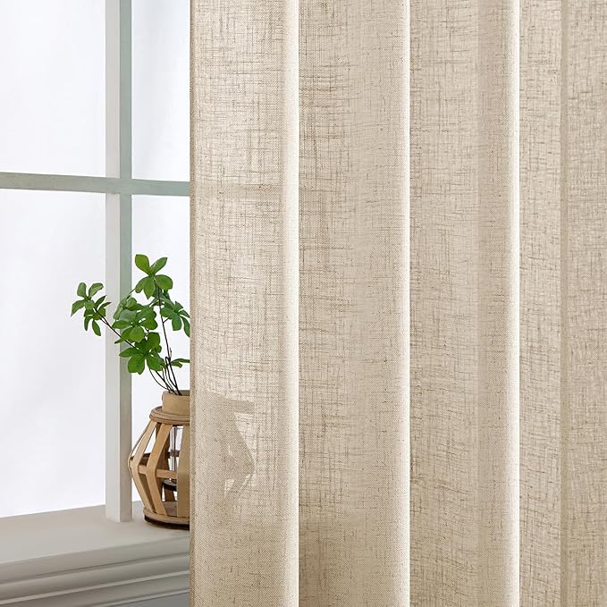 MIULEE Light Taupe Linen Curtains 96 Inches Long 2 Panels for Bedroom Living Room, Soft Linen Textured Window Drapes Semi Sheer Light Filtering Back Tab Rod Pocket Farmhouse Modern Burlap Look Decor