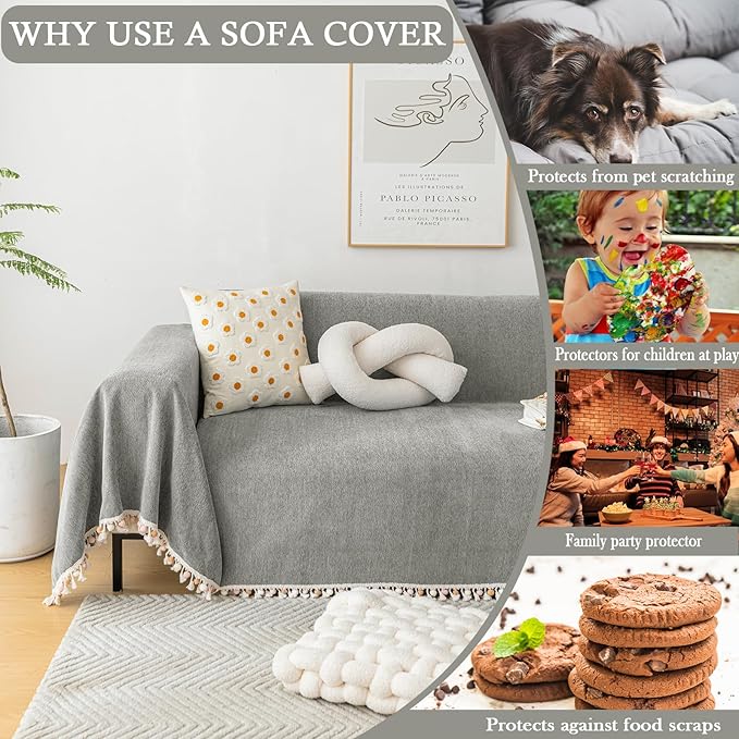 HANDONTIME Couch Slipcovers for Sofas Dark Grey Couch Cover Sofa Cover for Dogs Boho Pet Couch Protector with Tassel Chenille Herringbone Couch Cover for 2 3 Seat Washable Pet Friendly, 71" X118"