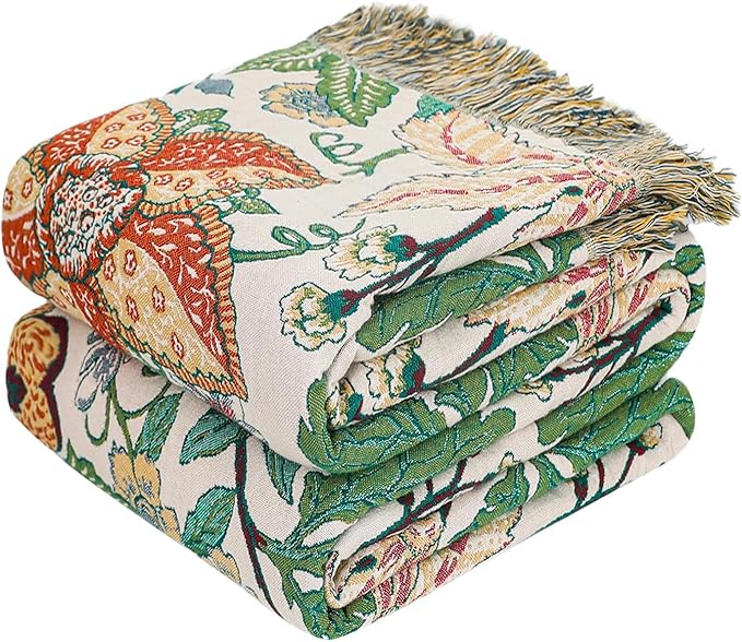 MSGKV Boho Throw Blanket for Couch Chair 100% Cotton Embroidery Floral Blanket 50"x60" Sofa Blankets for All Seasons Lightweight Farmhouse Muslin Spring Breathable Bed Blankets Home Decor
