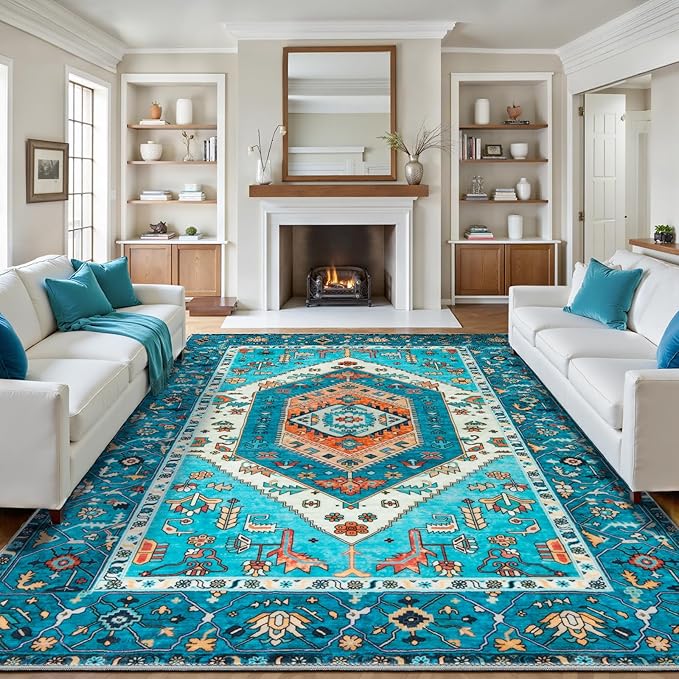 SERISSA 9x12 Area Rugs for Living Room, Large Washable Non-Slip Boho Rug, Ultra Soft Vintage Blue Oriental Print Distressed Farmhouse Carpet for Dining Room Bedroom Dorm Office Home Decor