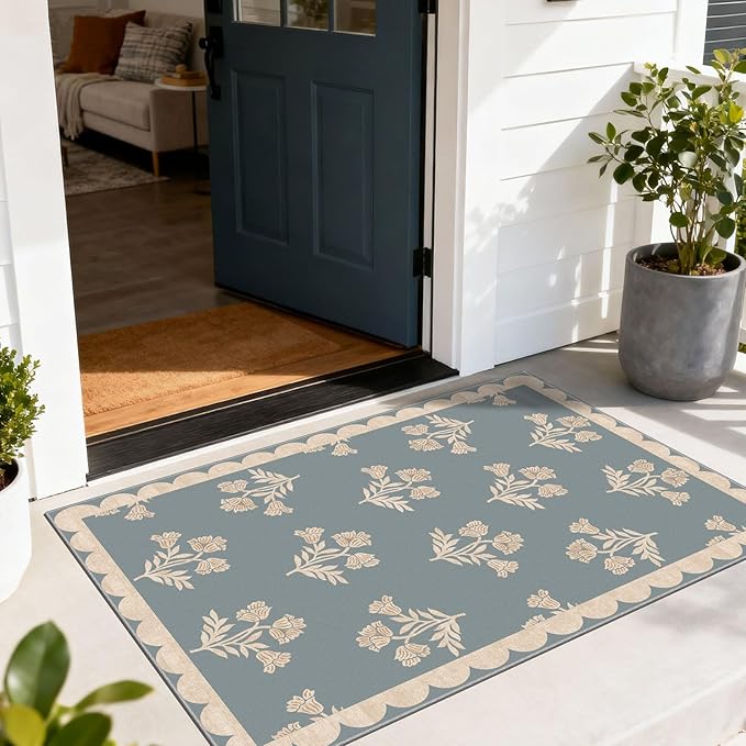 Floral Outdoor Rug - 28" x 43" Front Door Mat Indoor Outside Entrance Non-Slip Washable Outdoor Mat Blue Farmhouse Scalloped Rug for Entryway Kitchen Bedroom Layered Doormat for Front Porch